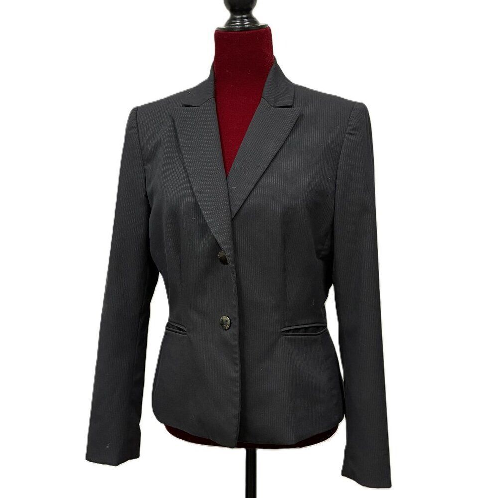 Tahari Arthur S Levine Blazer Size 8 Gray Blue Pinstriped Long Sleeve Jacket